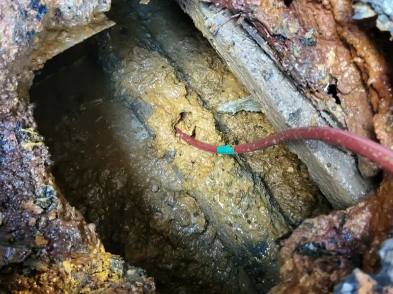 논산 찌꺼기가 둘러붙은 관 속으로 스프링이 들어간 모습